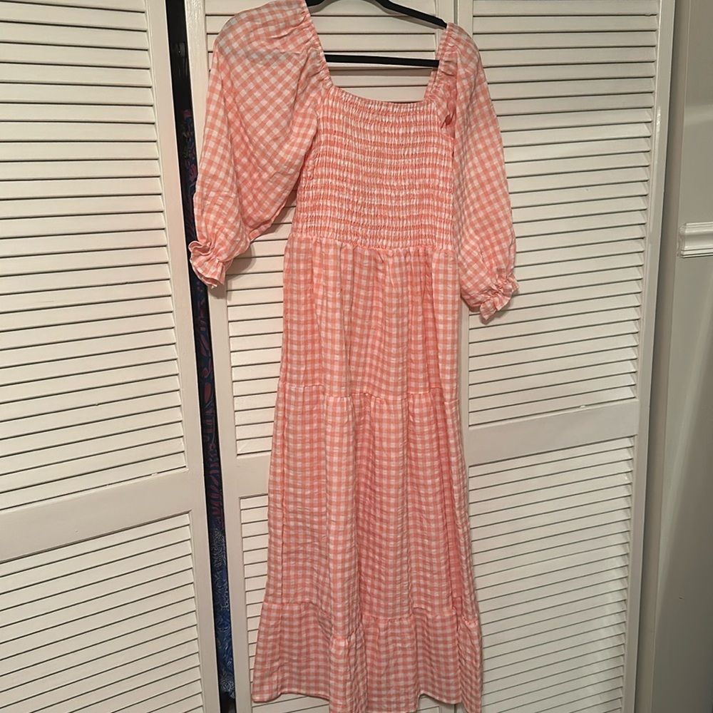 Amazon Pink and White Smocked Midi Dress- Size L